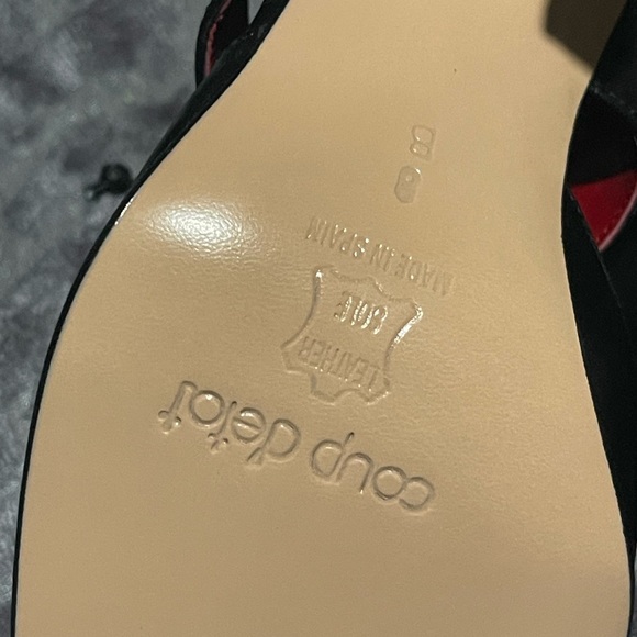 Coup D’état Black Leather Lace-Up Heels | Pointed Toe | Size 8 | Red Interior - Picture 5 of 5